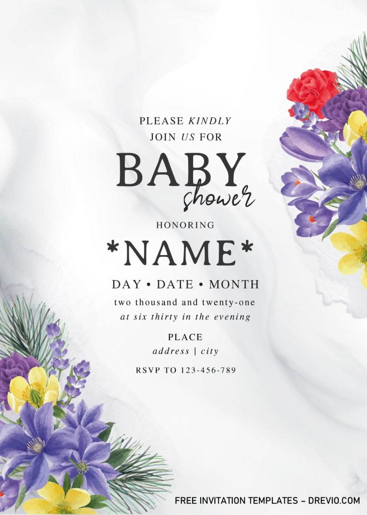 Lavender Roses Baby Shower Invitation Templates - Editable .Docx and has white marble background