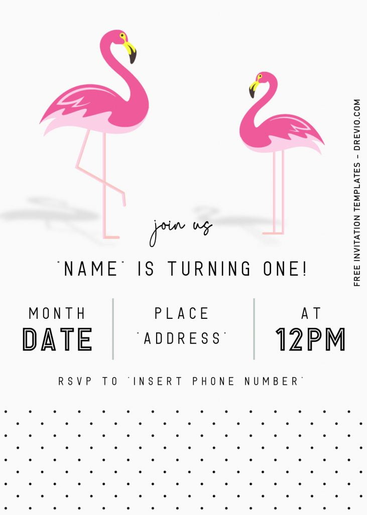 Flamingo Birthday Invitation Templates - Editable With Microsoft Word and has black polka dots pattern