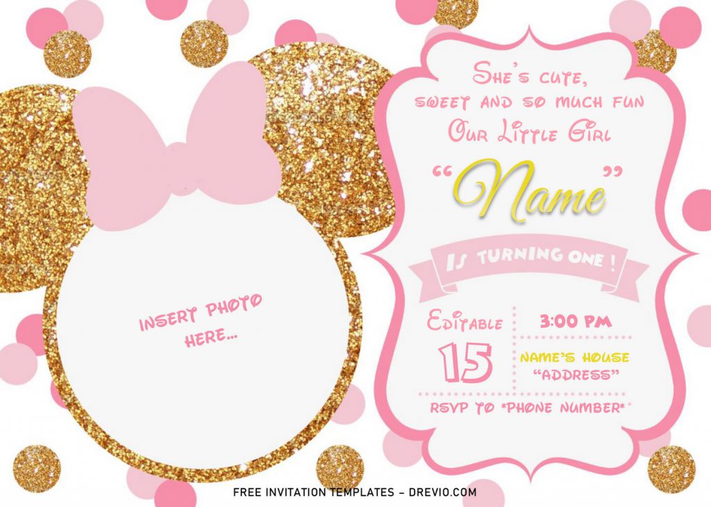 Pink And Gold Glitter Minnie Mouse Baby Shower Invitation Templates - Editable .Docx and has pink and gold glitter polka dots pattern