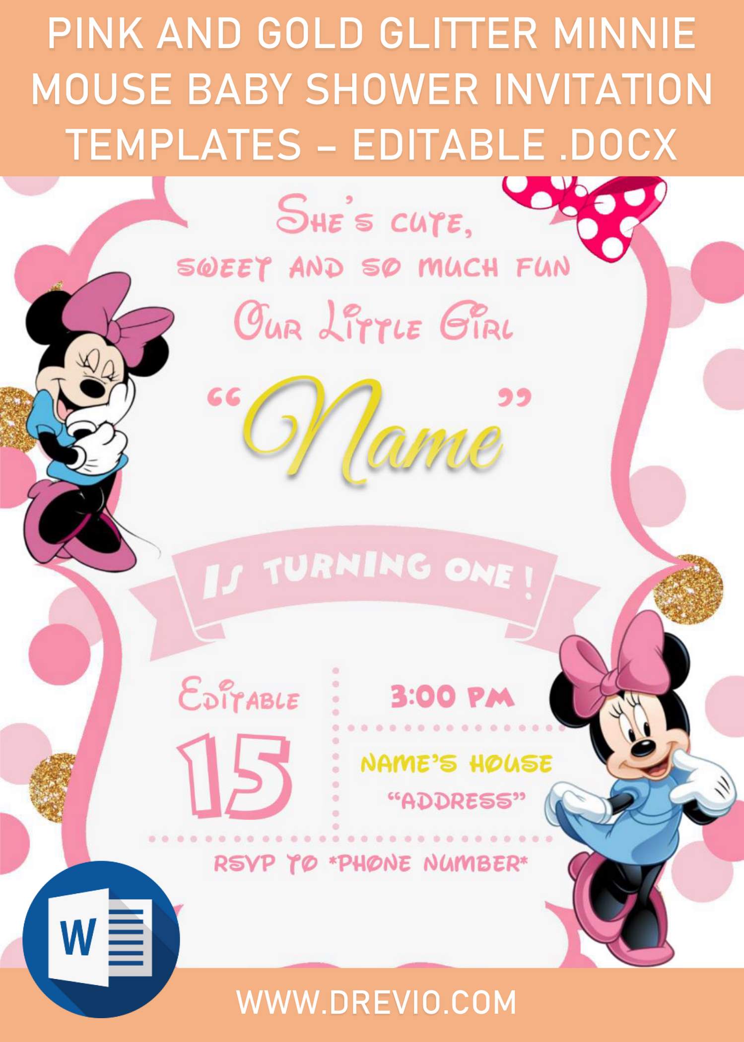 Pink And Gold Glitter Minnie Mouse Baby Shower Invitation Templates - Editable .Docx and has cute minnie