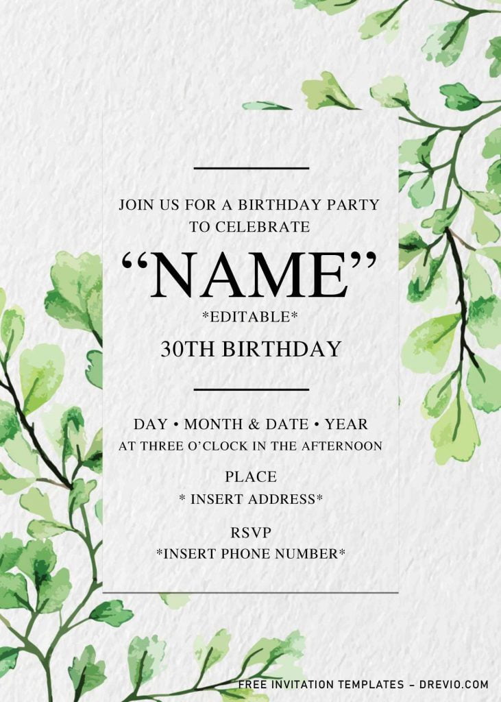 Greenery Birthday Invitation Templates - Editable With Microsoft Word and has green eucalyptus