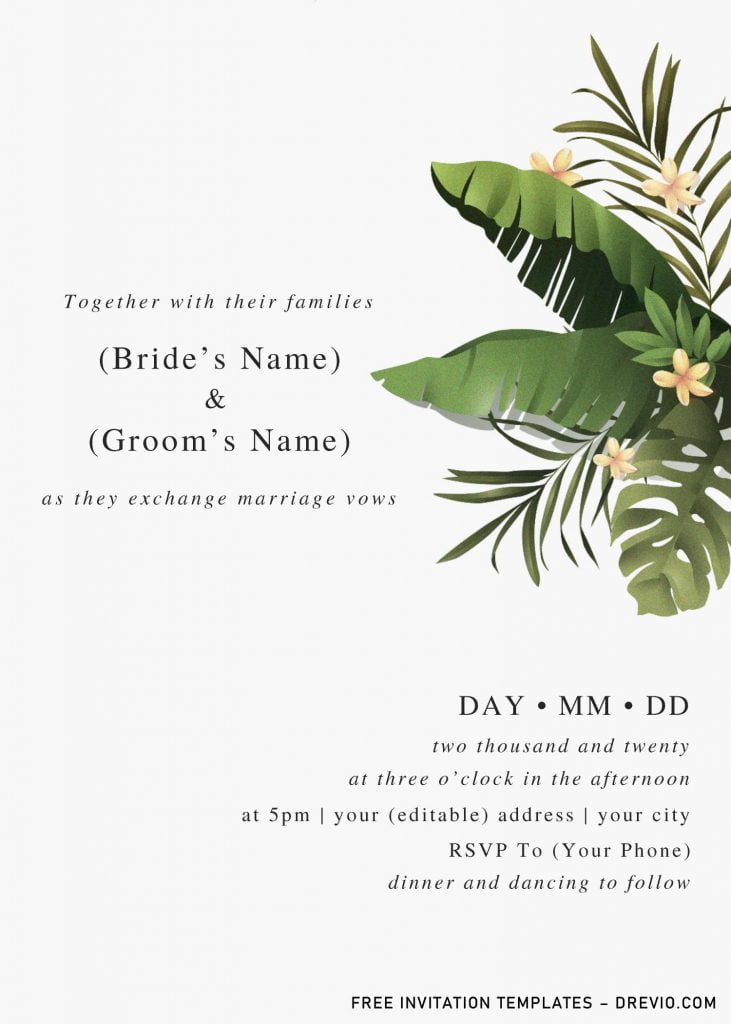 Modern Tropical Wedding Invitation Templates - Editable With MS Word and has Palm and banana leaves