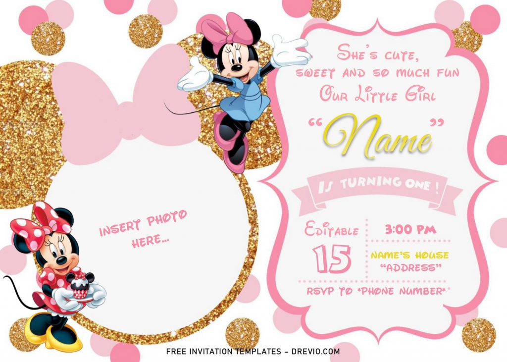 Pink And Gold Glitter Minnie Mouse Baby Shower Invitation Templates - Editable .Docx and has gold glitter picture or photo frame