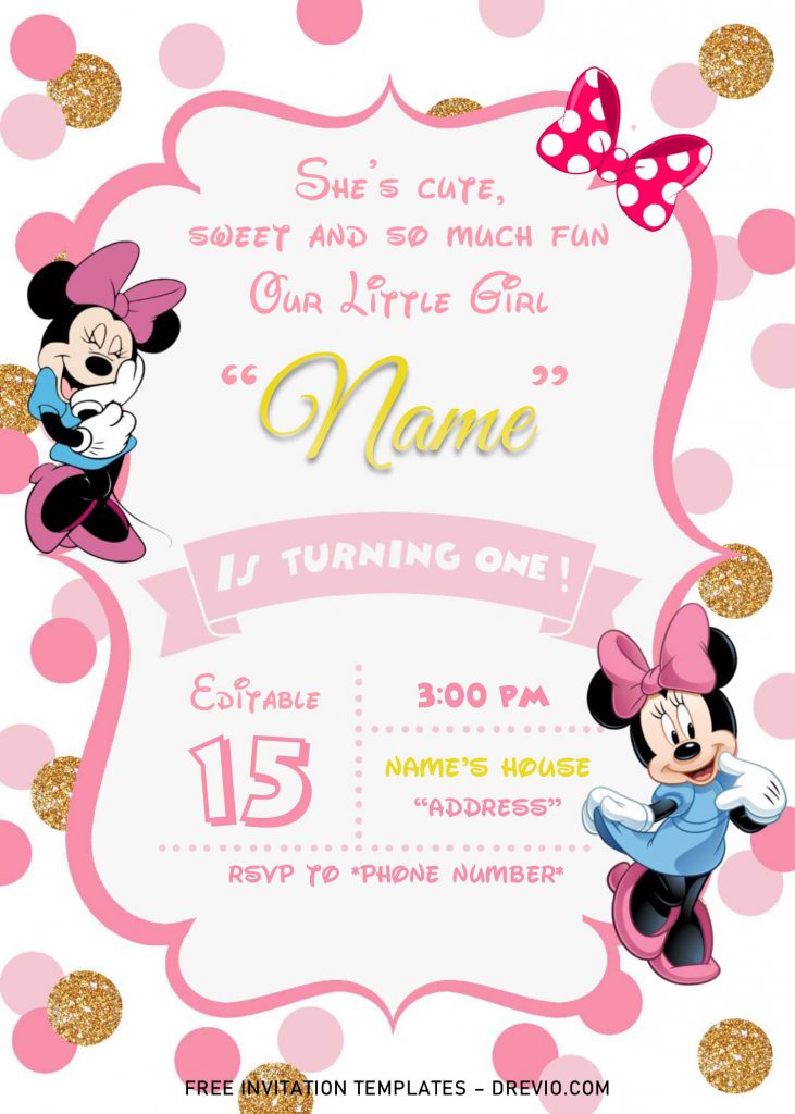 Pink And Gold Glitter Minnie Mouse Baby Shower Invitation Templates - Editable .Docx and has portrait orientation design