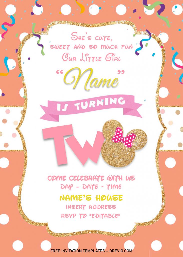Gold Glitter Minnie Mouse Birthday Invitation Templates - Editable With MS Word and has cute ribbon