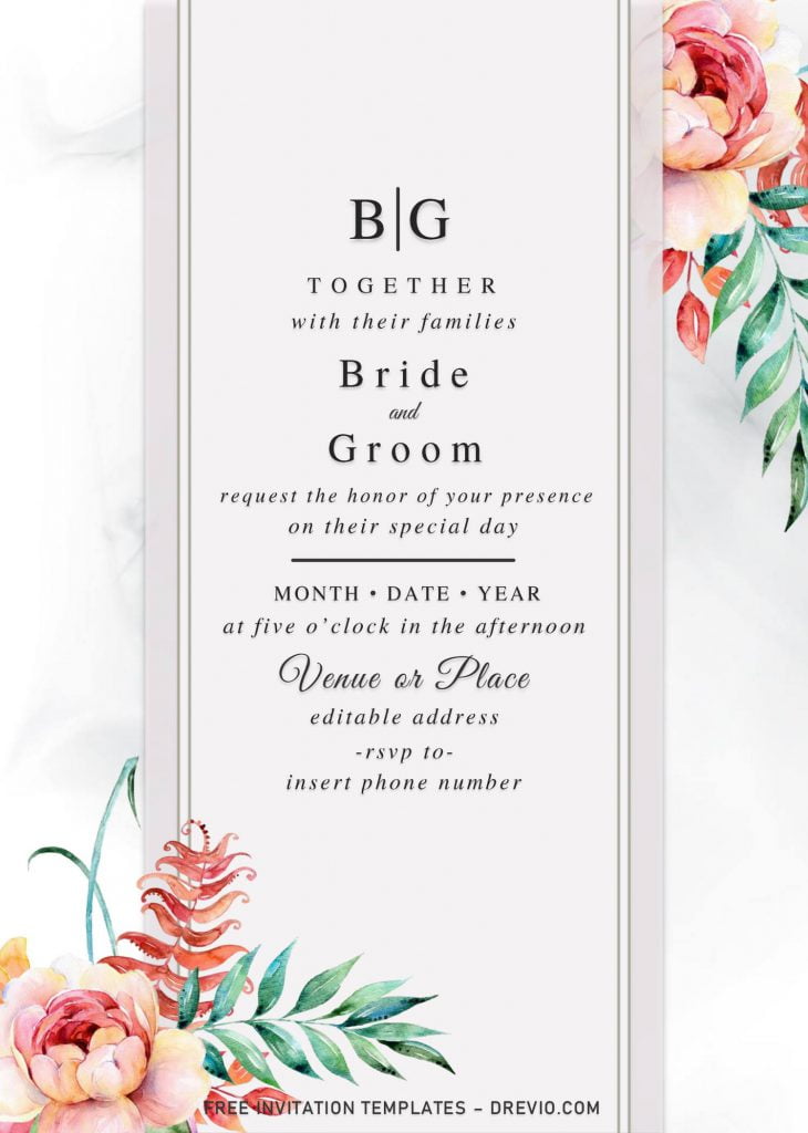 Summer Garden Wedding Invitation Templates - Editable With MS Word and has white marble background and watercolor floral