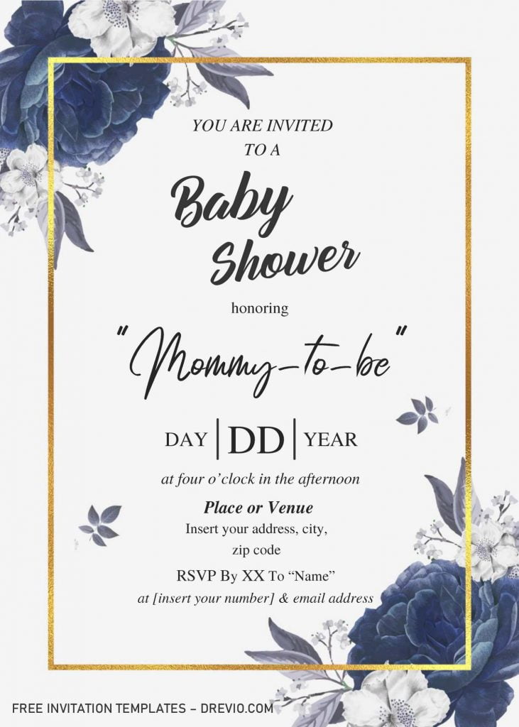 Dusty Blue Roses Baby Shower Invitation Templates - Editable With MS Word and has gold text frame