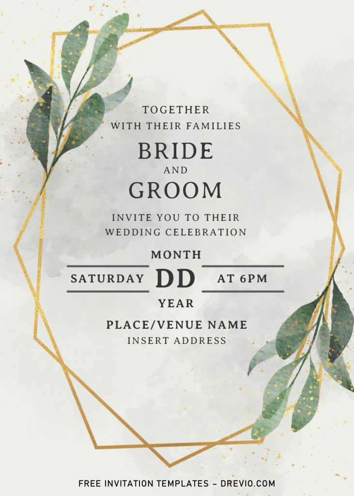 Greenery Geometric Wedding Invitation Templates - Editable With MS Word and has greenery eucalyptus leaves