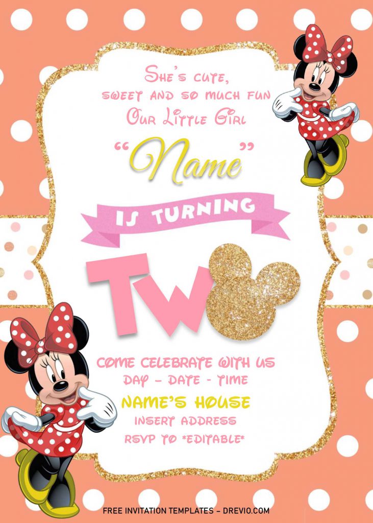 Gold Glitter Minnie Mouse Birthday Invitation Templates - Editable With MS Word and has gold minnie ears and head