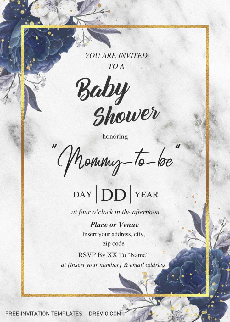 Dusty Blue Roses Baby Shower Invitation Templates - Editable With MS Word and has white marble background