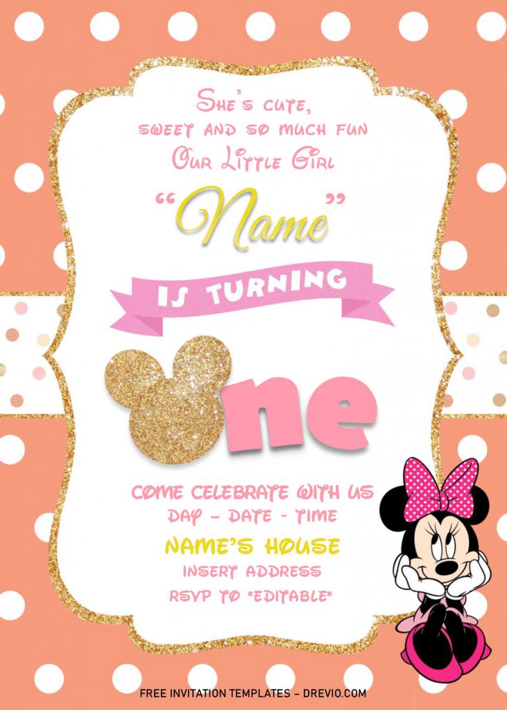 Gold Glitter Minnie Mouse Birthday Invitation Templates - Editable With MS Word and has portrait orientation