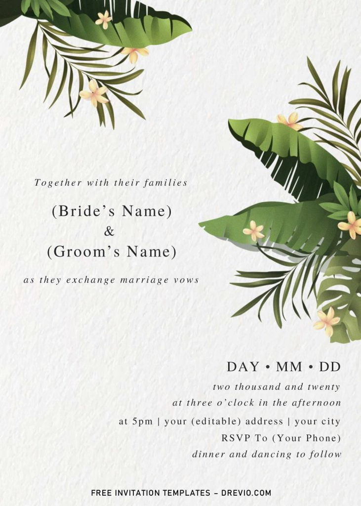 Modern Tropical Wedding Invitation Templates - Editable With MS Word and has greenery leaves