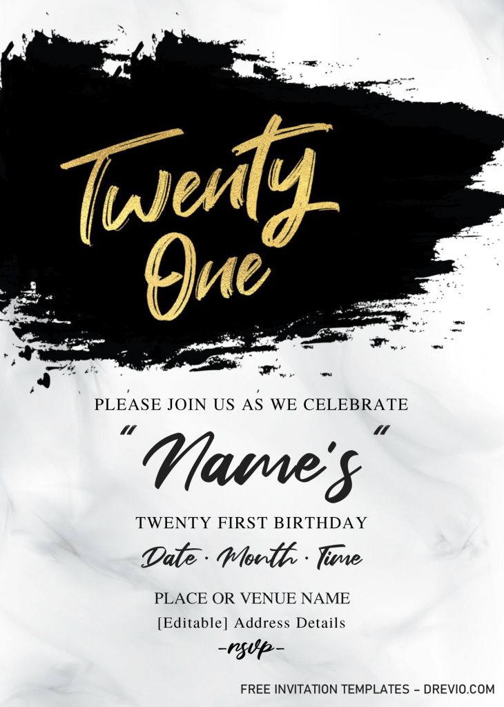 Modern 21st Birthday Invitation Templates - Editable With Microsoft Word and has black brushstroke and white marble background