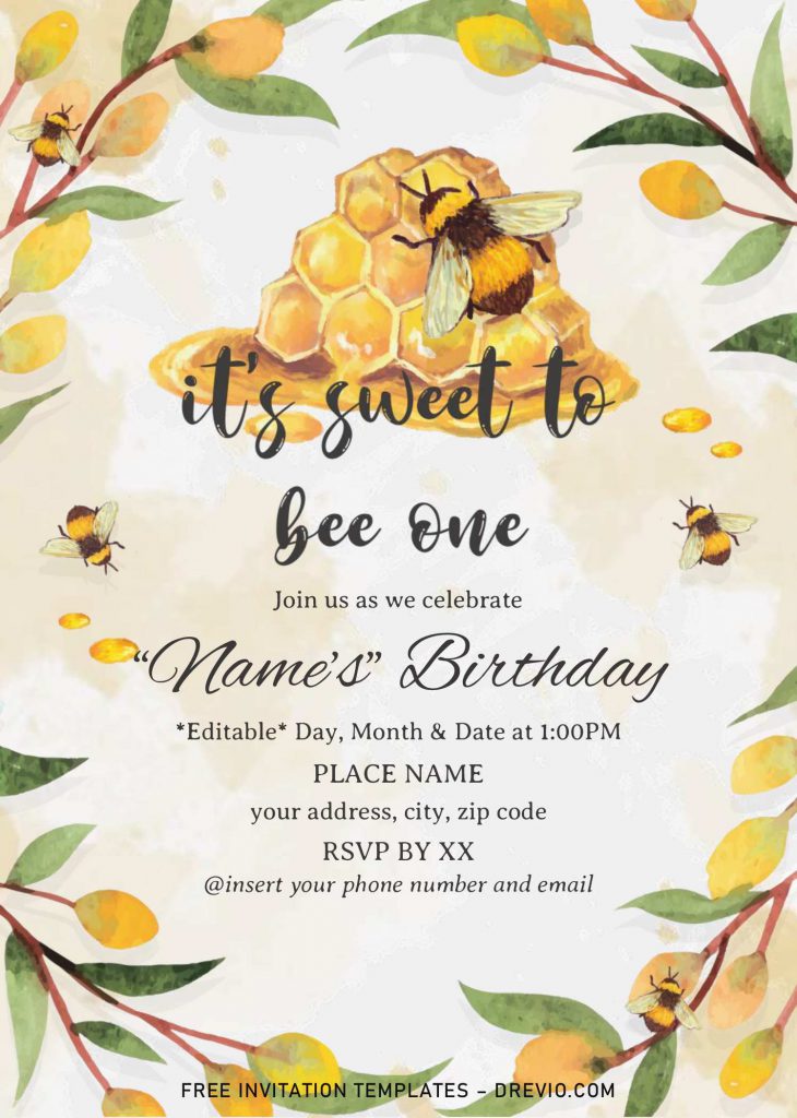 First Bee Day Birthday Invitation Templates - Editable .Docx and has watercolor leaves