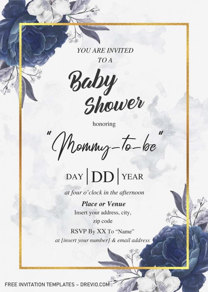 Dusty Blue Roses Baby Shower Invitation Templates - Editable With MS Word and has portrait design and brush paint splatter