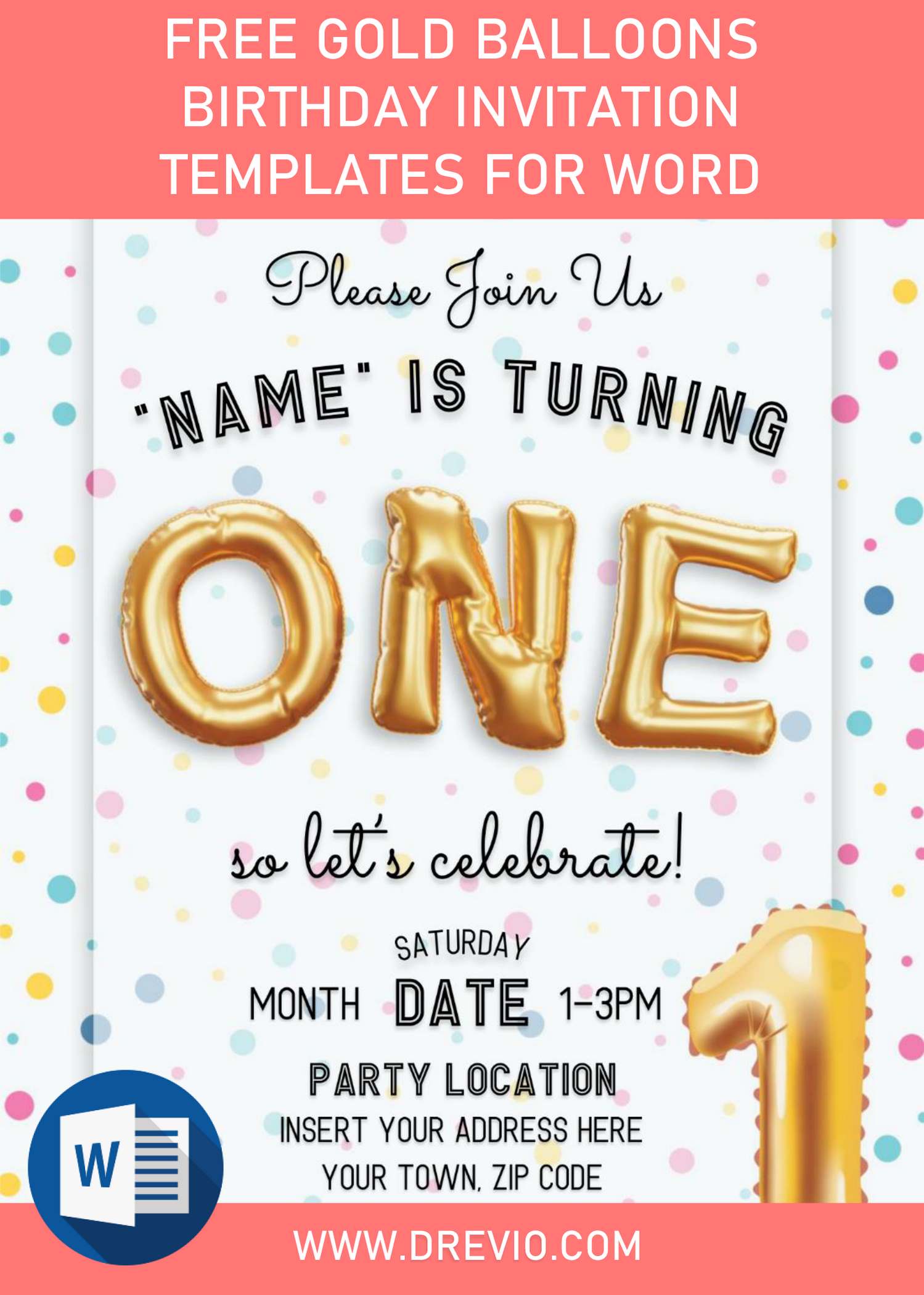 Free Gold Balloons Birthday Invitation Templates For Word