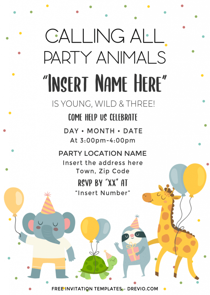 Free Cute Party Animals Birthday Invitation Templates For Word and has portrait orientation and baby safari animals