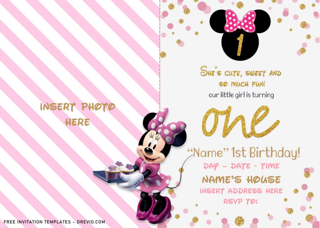 Free Sparkling Gold Glitter Minnie Mouse Birthday Invitation Templates For Word and has 