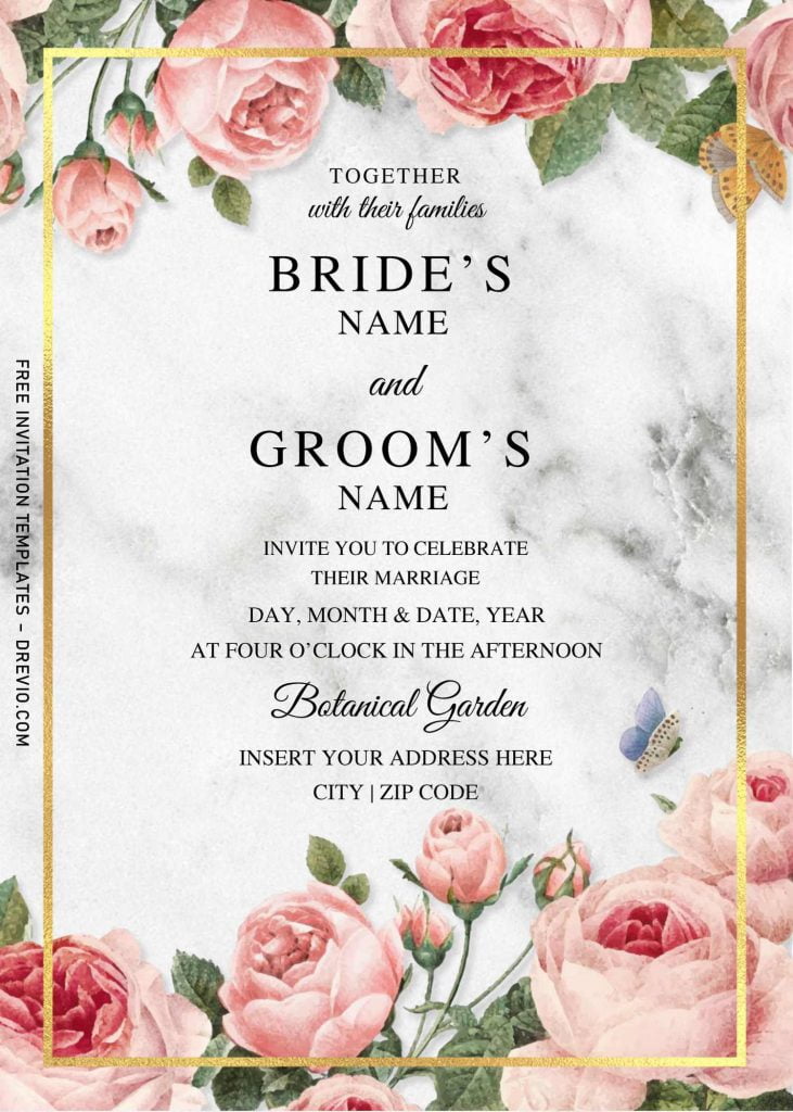 Free Peach Flower Wedding Invitation Templates For Word and has white and black marble background