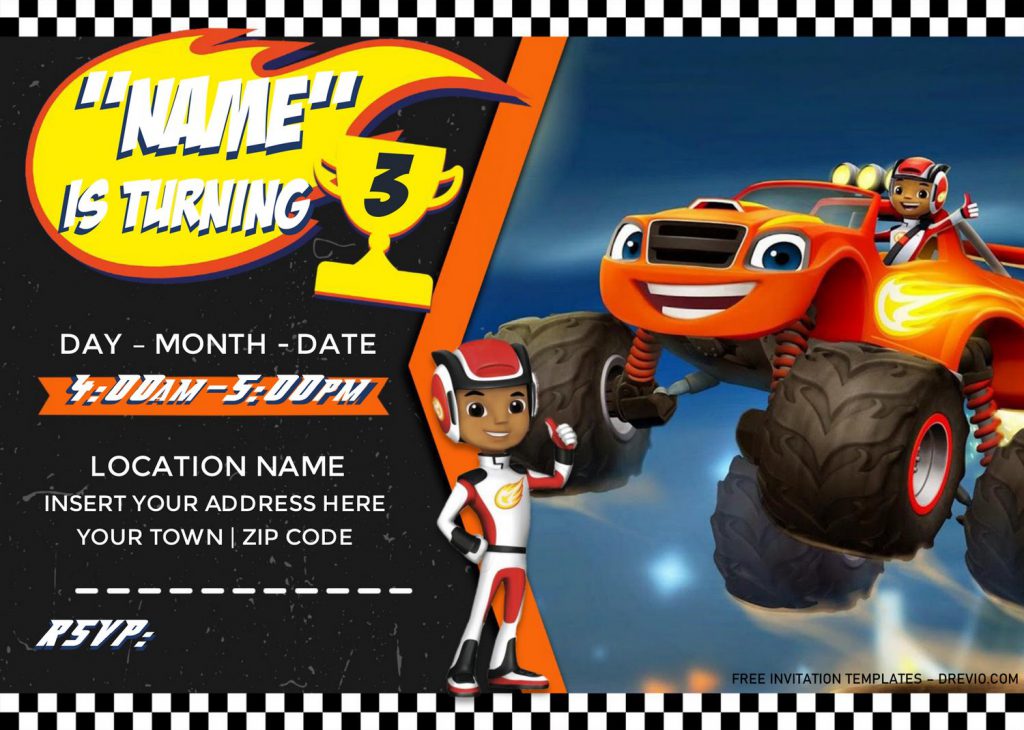 Free Blaze And The Monster Machines Birthday Invitation Templates For Word and has AJ is wearing race helmet