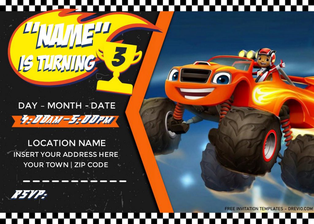 Free Blaze And The Monster Machines Birthday Invitation Templates For Word and has blaze and AJ in jumping scene