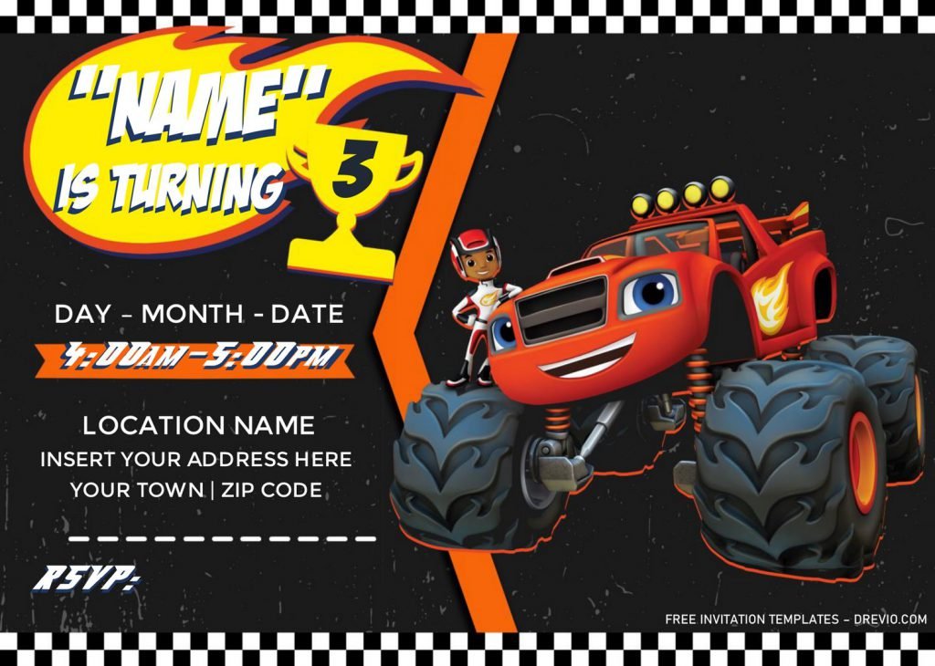 Free Blaze And The Monster Machines Birthday Invitation Templates For Word and has cool and awesome race track background