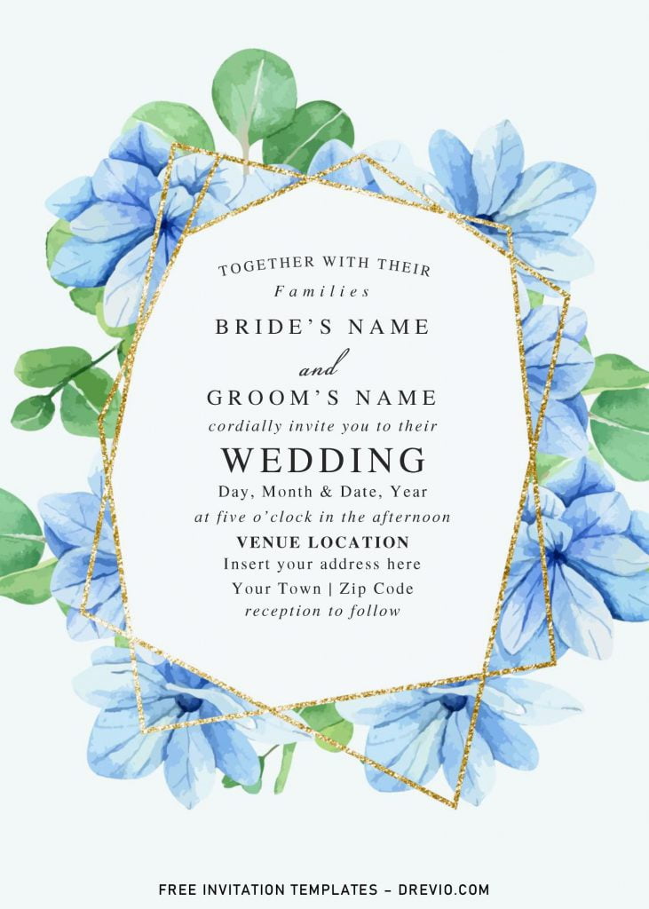 Free Blue Floral And Gold Geometric Wedding Invitation Templates For Word and has blue roses wreath