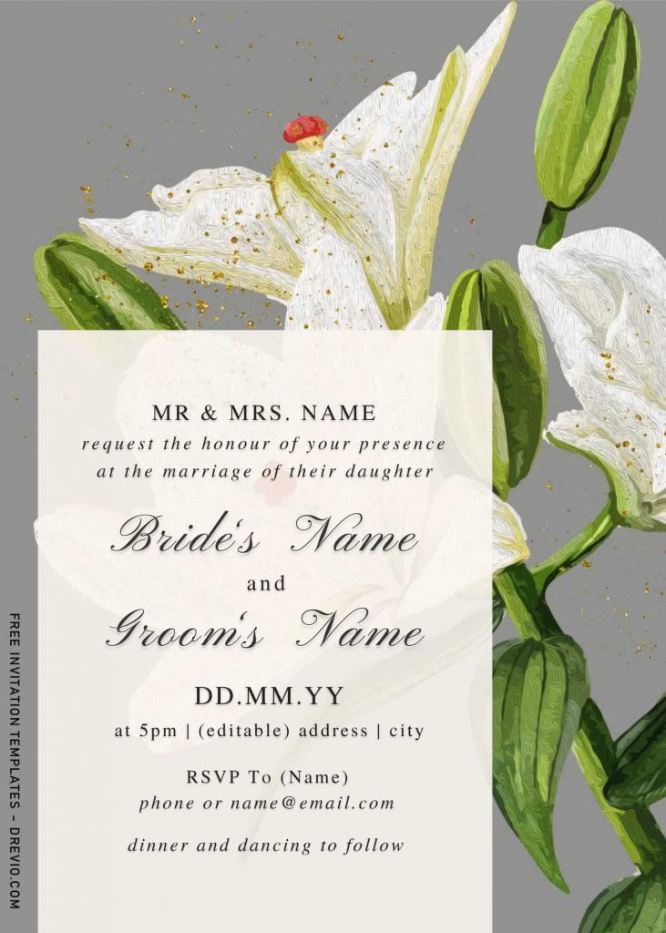 Free Watercolor Lily Wedding Invitation Templates For Word and has watercolor design and owl grey background