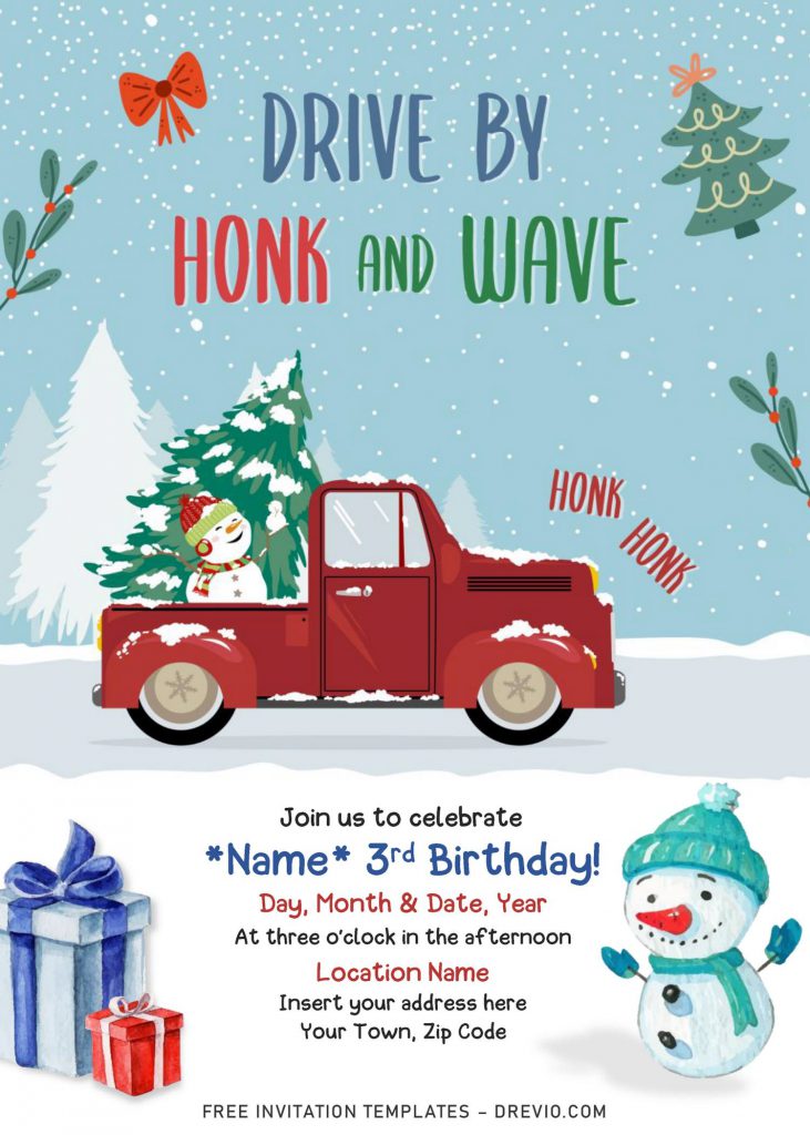 Free Winter Red Truck Drive By Birthday Party Invitation Templates For Word and has watercolor design