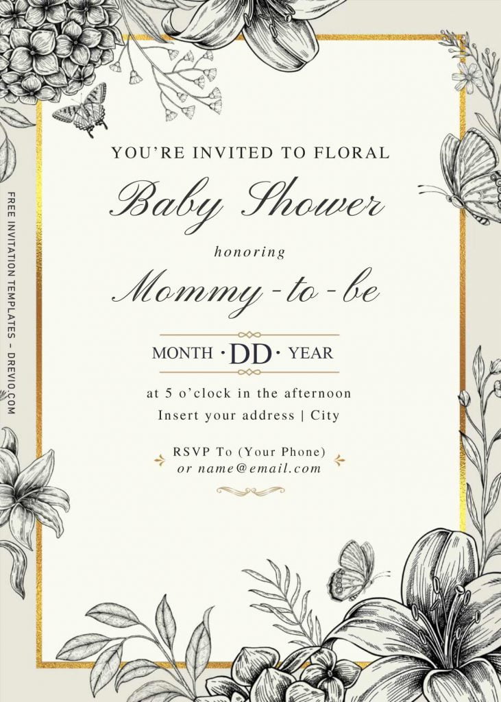 Free Hand Drawn Vintage Floral Wedding Invitation Templates For Word and has hand drawn butterflies