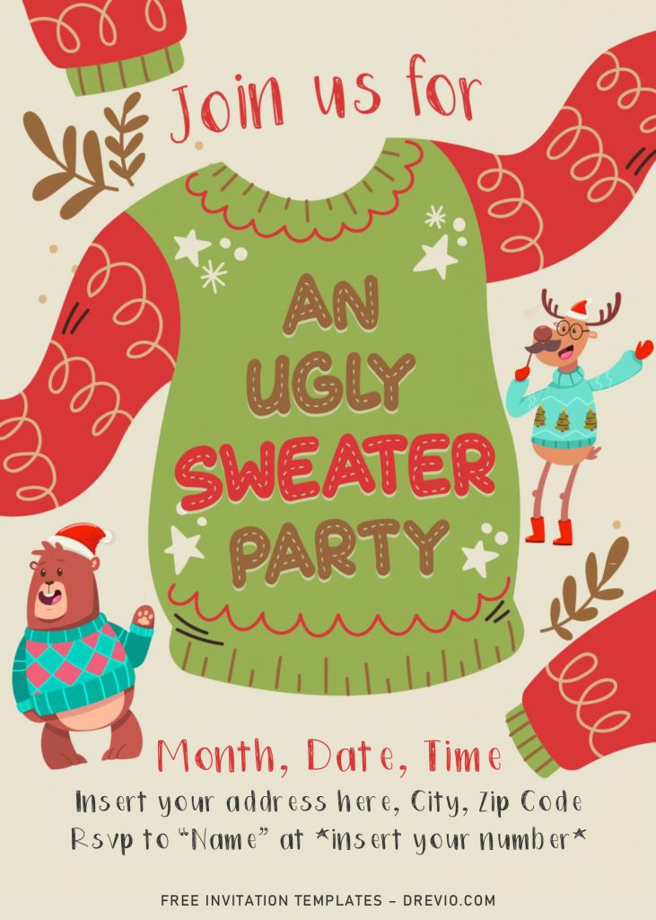 Free Ugly Sweater Party Invitation Templates For Word and has cute animals wearing sweater