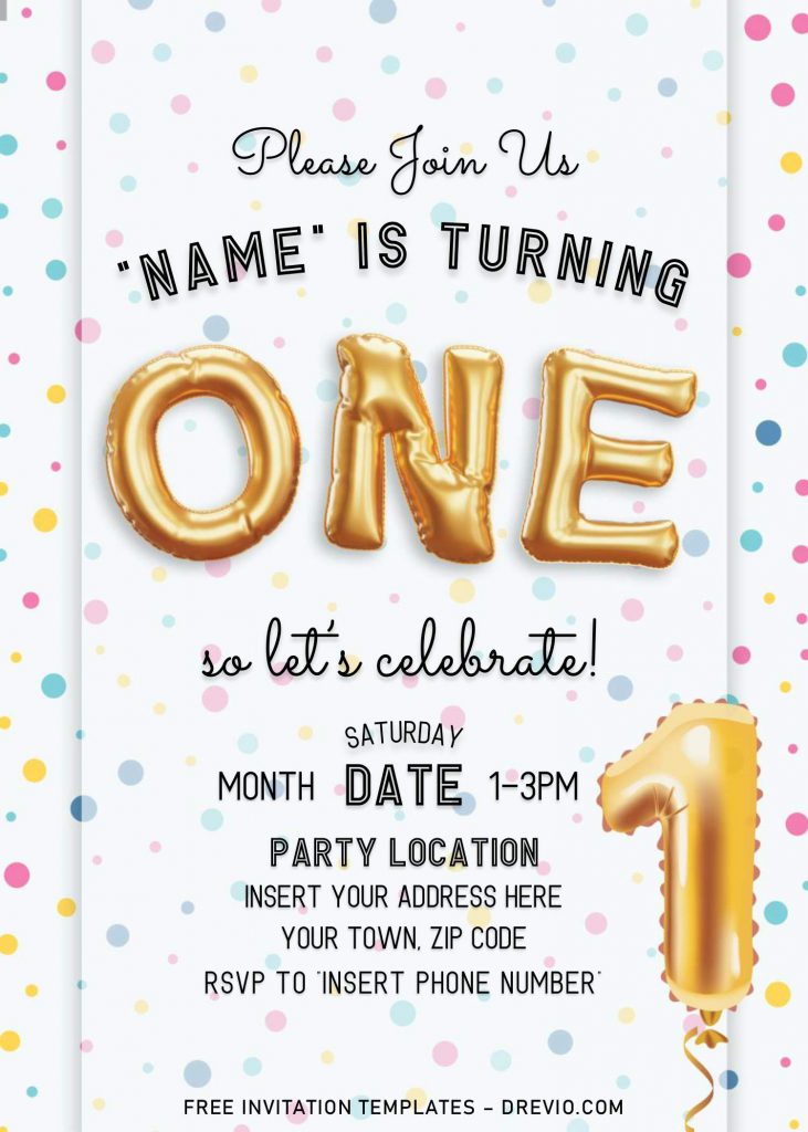 Free Gold Balloons Birthday Invitation Templates For Word and has number 1 balloon