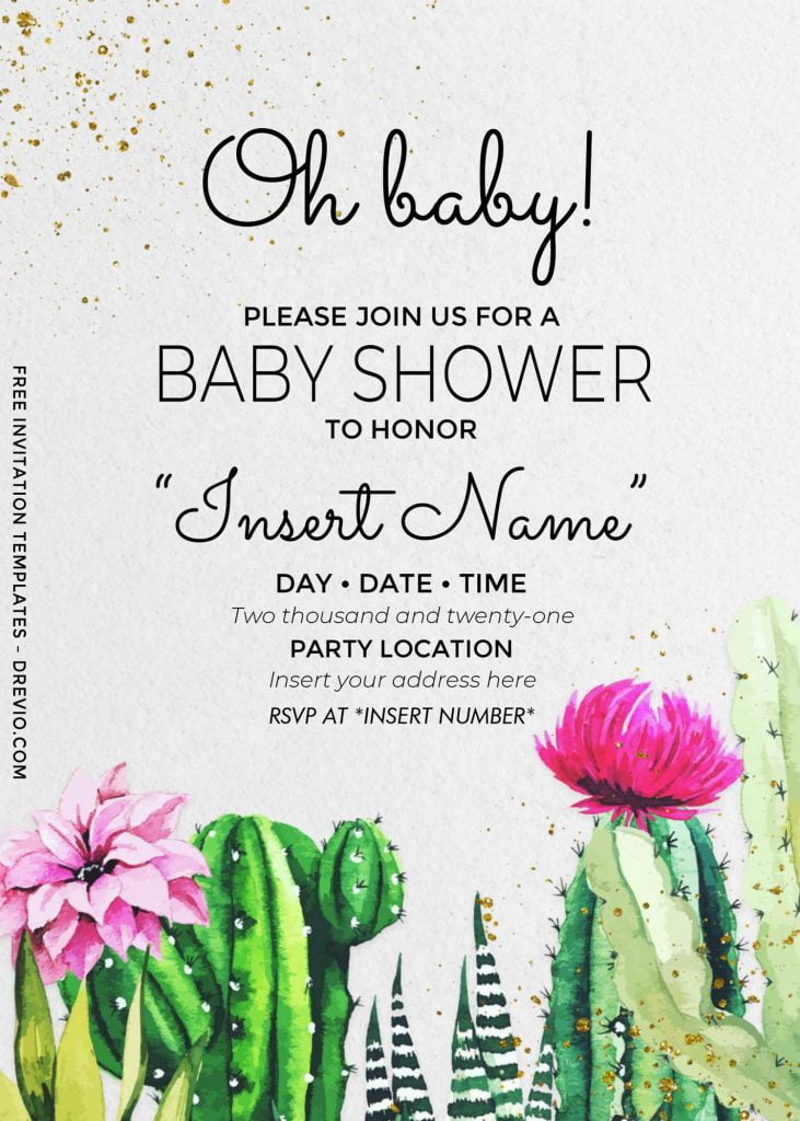 Free Oh Baby Cactus Baby Shower Invitation Templates For Word and has gold glitter sprinkles