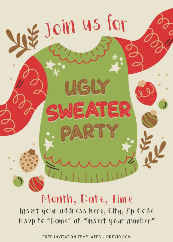 Free Ugly Sweater Party Invitation Templates For Word and has hand drawn Christmas ball