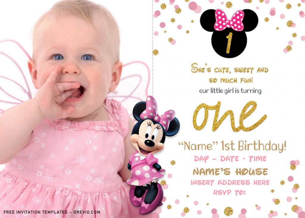 Free Sparkling Gold Glitter Minnie Mouse Birthday Invitation Templates For Word and has Minnie in pink dress