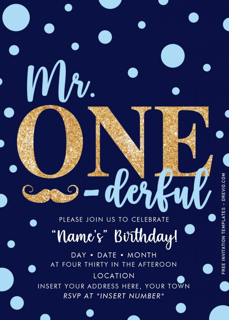 Free Mr. Onederful Birthda Invitation Templates For Word and has polka dots pattern and gold mustache