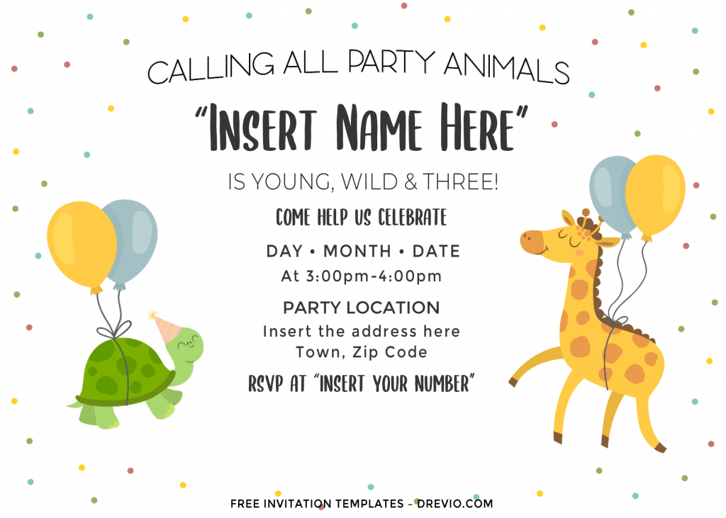 Free Cute Party Animals Birthday Invitation Templates For Word and has cute baby giraffe and turtle