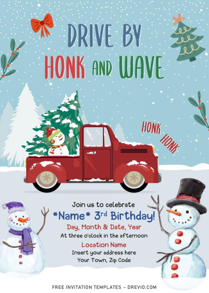 Free Winter Red Truck Drive By Birthday Party Invitation Templates For Word and has watercolor snowmen wearing hat and scarf