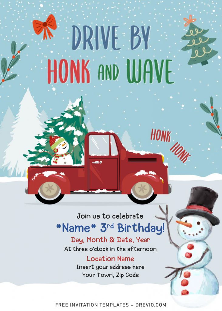 Free Winter Red Truck Drive By Birthday Party Invitation Templates For Word and has Snowman and leaves decorations