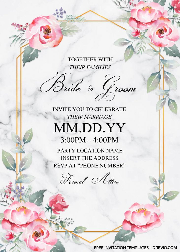 Free Dusty Rose Wedding Invitation Template For Word and has white and black marble background