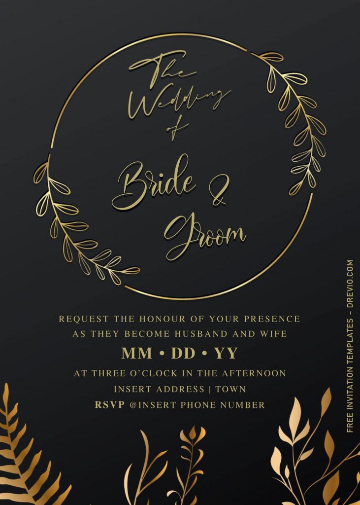 Free Elegant Black And Gold Wedding Invitation Templates For Word and has custom gold flower wreath