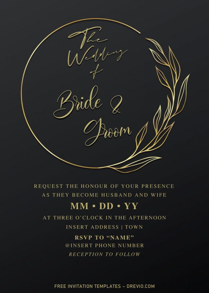 Free Elegant Black And Gold Wedding Invitation Templates For Word and has gold floral wreath