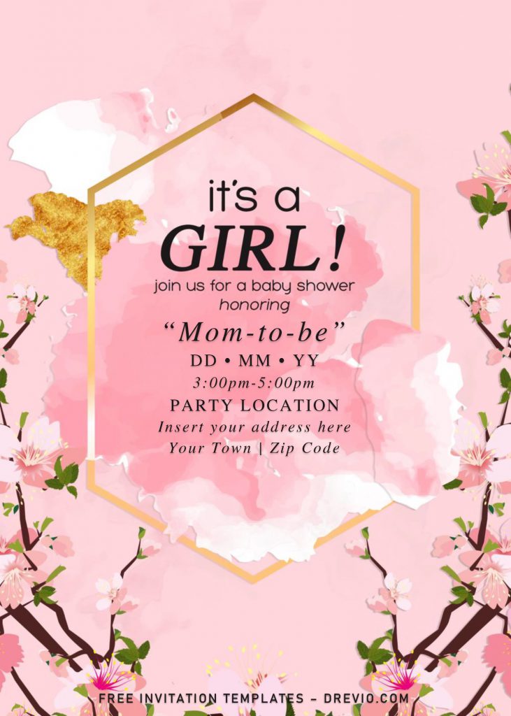 Free Gold Glitter Girl Baby Shower Invitation Templates For Word and has beautiful cherry blossom