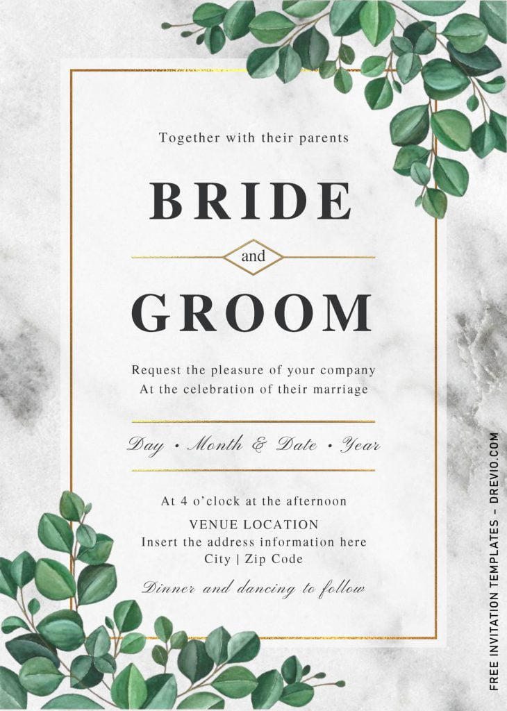 Free Elegant Marble Wedding Invitation Templates For Word and has green eucalyputs