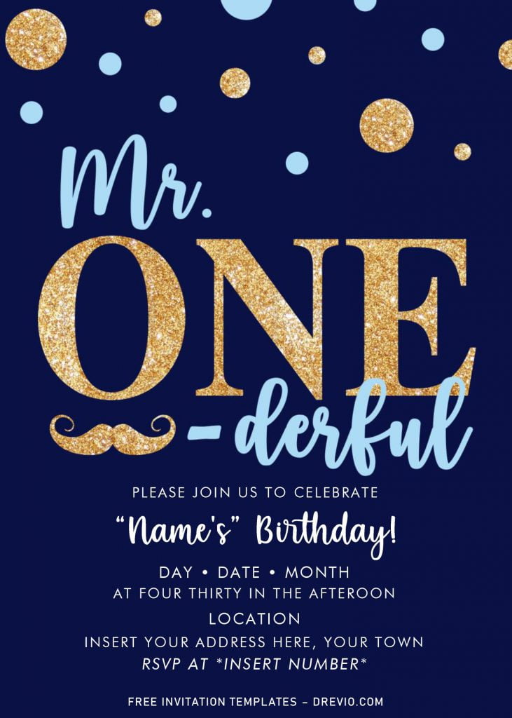 Free Mr. Onederful Birthda Invitation Templates For Word and has Gold Glitter and Light blue combination polka dots pattern