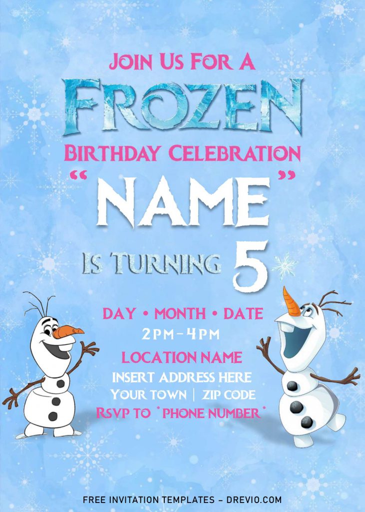 Free Frozen 2 Birthday Invitation Templates For Word and has cute cartoon style olaf