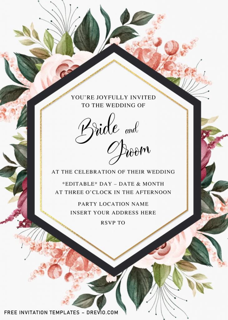 Free Burgundy Floral Wedding Invitation Templates For Word and has polygon shaped text box
