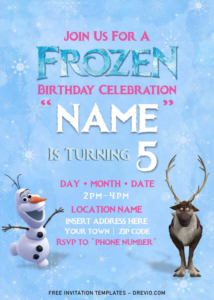 Free Frozen 2 Birthday Invitation Templates For Word and has Olaf and blue icy background