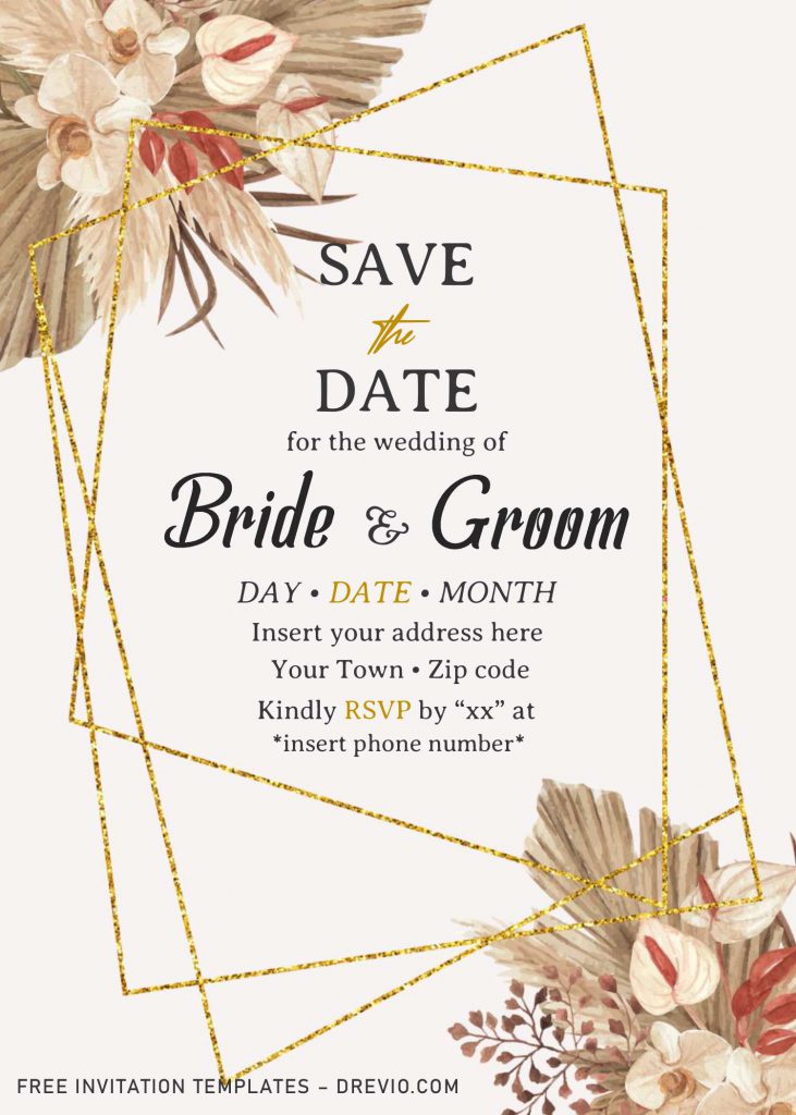 Free Bohemian Wedding Invitation Templates For Word and has Gold Geometric Pattern or Frame