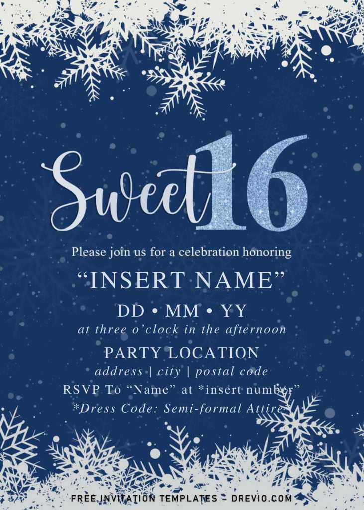 Free Winter Sweet Sixteen Birthday Invitation Templates For Word and has blue glitter design